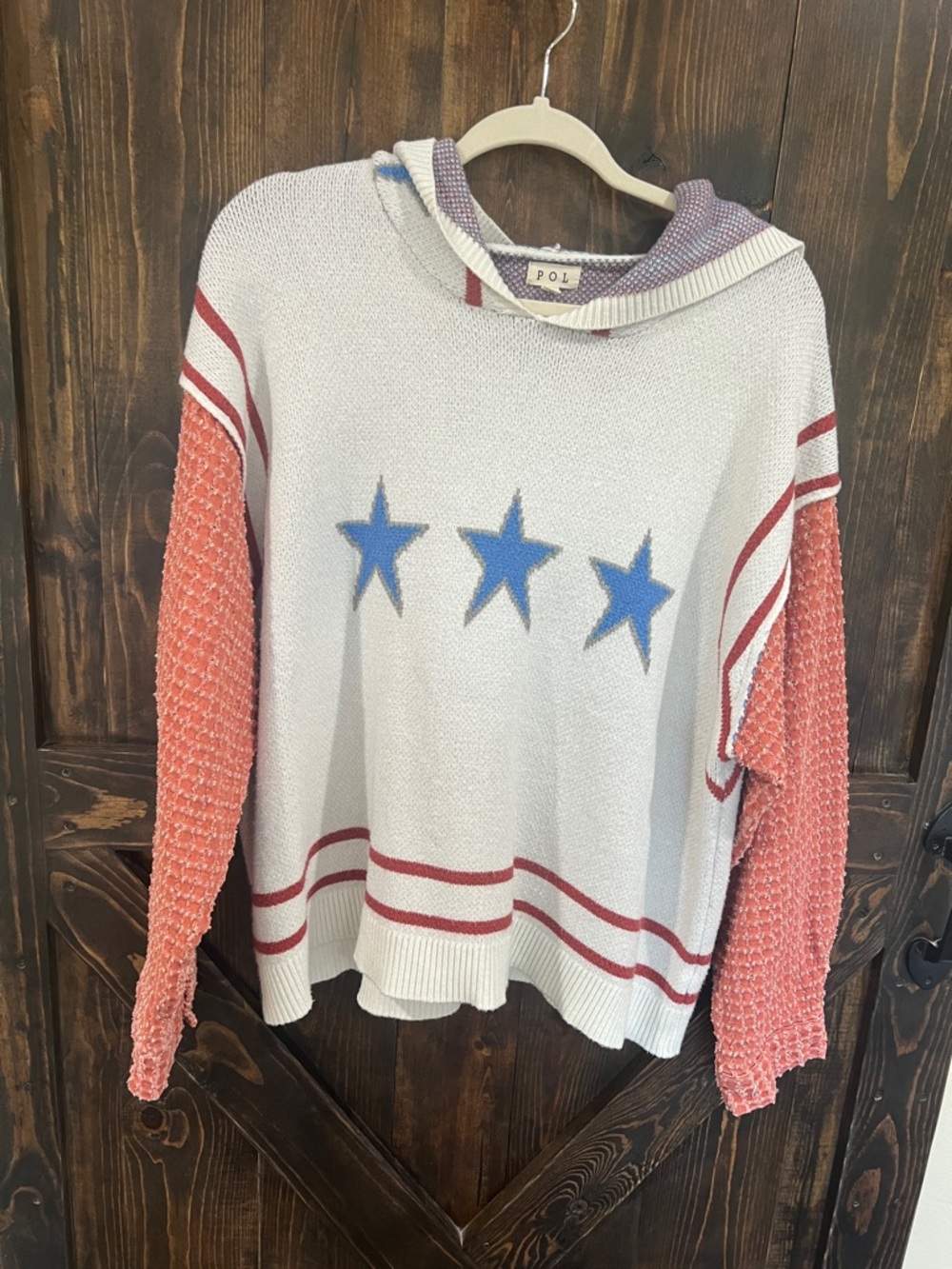 POL Star Knit Pullover in White, Blue & Coral